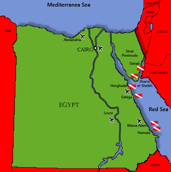 Mapa de buceo en Egipto