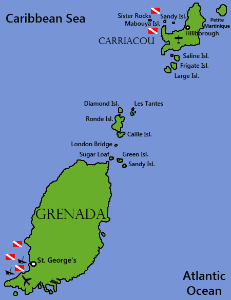 Diving Grenada and Carriacou map