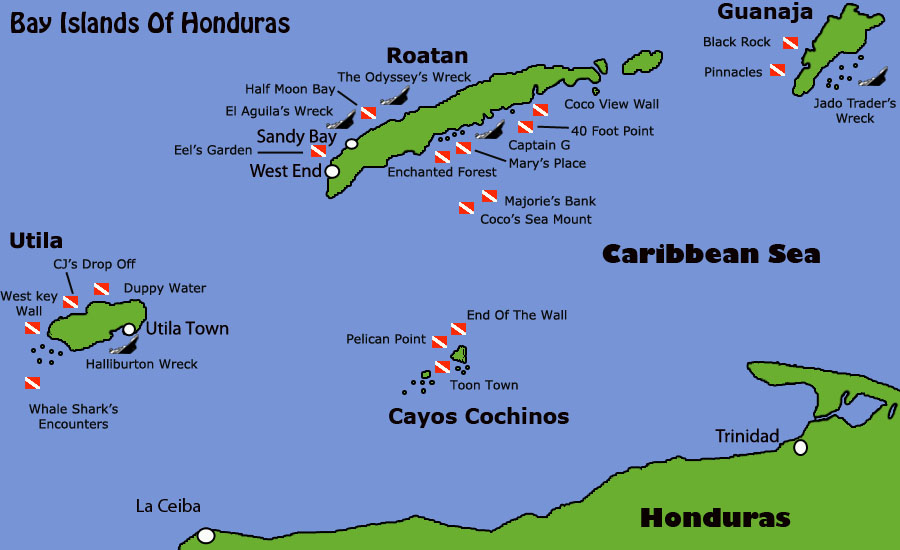 Mapa de buceo de las Islas de la Bahia de Honduras. Roatan, Utila, Guanaja y cayos Cochinos.